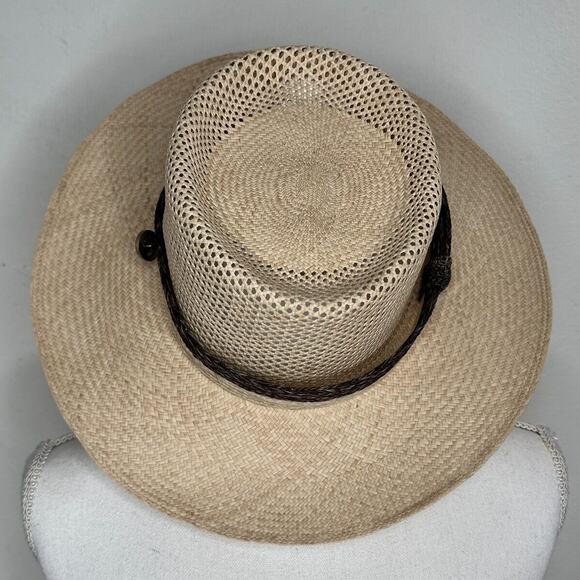 Temple Tan & Brown Basket Weave Rattan Wide Brim Hat Embellished Dark Brown Band - Picture 1 of 11
